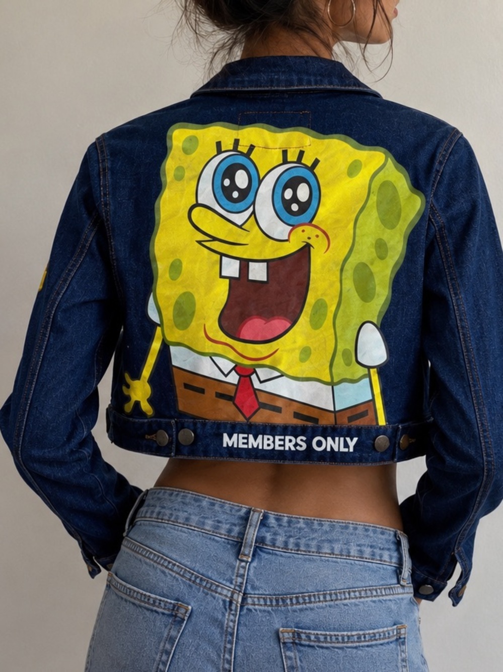 Members Only Blue SpongeBob Cropped Denim Jacket Graphic Medium Y2K Kidcore